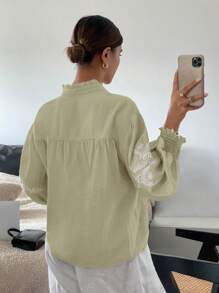 SHEIN Frenchy Women's Vacation Casual White Embroidered Front Placket Shirt
