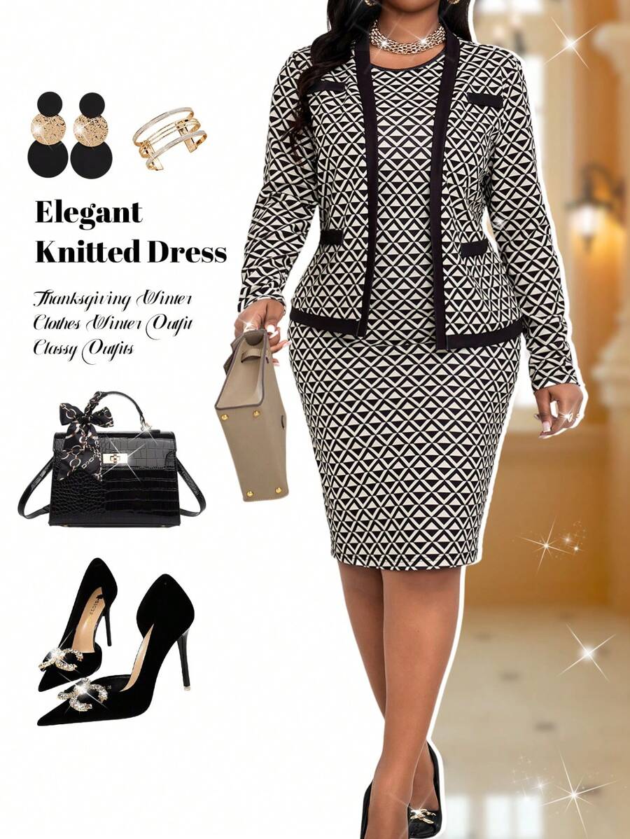 Fleurora Autumn And Winter Elegant Commuting Office Colorful Knitted Pencil Midi Long Sleeve Plus Size Co-Ords Winter Clothes For Women Thanksgiving Winter Clothes Winter Outfit Classy Outfits - Multicolor - View 1