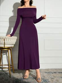 Modelyn Women's Solid Color Off Shoulder Long Sleeve Casual Long Arabic Style Dress