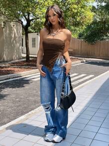 SHEIN EZwear Áo Bandeau buộc dây màu trơn tối giản cho nữ, trang phục thường ngày - Cà phê nâu - Xem 3