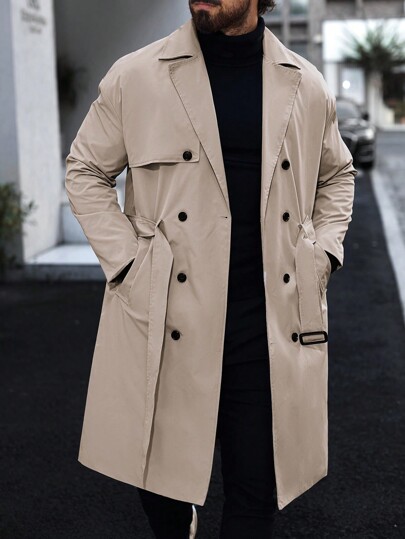 Manfinity Homme Abrigo de trinchera casual de manga larga con botones y bolsillo, abrigo de trinchera de franela para salir, regalo para amigos, esposo, novio, para otoño