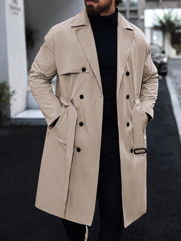 Manfinity Homme Herren Knopf-Front Langarm Taschen einfacher Lässig Trenchcoat, Ausgehtrenchcoat aus Flanell, als Geschenk für Freunde, Ehemann, Freund