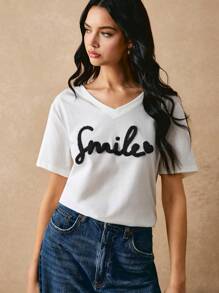 Poéselle Heart & Letter Pattern Drop Shoulder Tee Summer Tops Vacation Clothes - Black - View 4