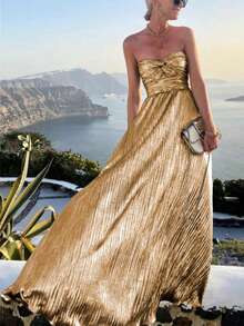 Women's Elegant Sexy Fashion Party Solid Color Metallic Glitter Fabric Twist Front Cutout Sleeveless Cami Dress - Gold - View 3