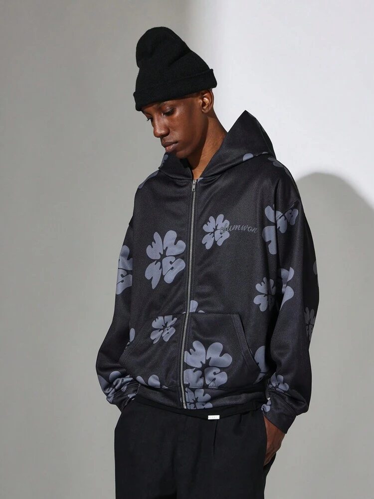 Floral Pattern All Over Print Zip-Up Hoodie