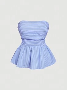SHEIN MOD Plus Size Women Summer Striped Strapless Top - Blue and White - View 1