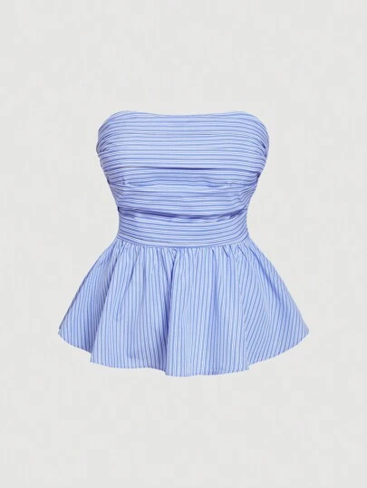 SHEIN MOD Plus Size Women Summer Striped Strapless Top