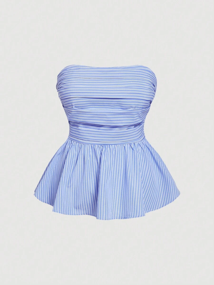 SHEIN MOD Plus Size Women Summer Striped Strapless Top - Blue and White - View 1