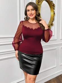 SHEIN Privé Plus Size Women Elegant Mesh Patchwork Shell Trim Blouse, Valentine's Day