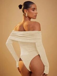 Hauture 女士服装，女士优雅纯色米色闪光 Jeresye 露肩长袖修身侧褶紧身衣，休闲日常穿着，长袖上衣，女士上衣，外出上衣，露肩上衣，性感女士上衣。适合日常穿着、约会之夜、表演、派对、俱乐部、节日、正式上衣 - 杏色 - 查看 2