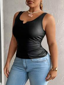 Slaydiva Plus Size Casual All-Match Black Faux Leather Cami Top With Deep U-Neck And Racerback - Black - View 5