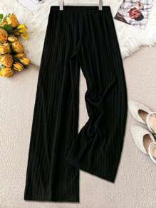 Plus Size Women Corduroy Loose Elastic Waist Button Palazzo Pants, Autumn/Winter Fall Cloth For Women - Black - View 2