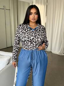 SHEIN Slayr Set de 2 piezas de top de manga larga y pantalones en parchwork con estampado de leopardo azul