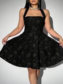Allurite Plus Size Women Jacquard Halter Dress, Black, Valentine's Day, For Summer