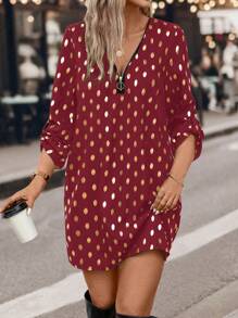 SHEIN Clasi Plus Size Women's Metallic Print Casual Woven Autumn Dress Burgundy Color Women Outfit