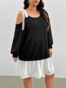 SHEIN Frenchy Robe midi ample et décontractée de style mode, au col asymétrique en dentelle, avec patchwork et blocs de couleurs asymétriques. Style tendance Ins, convient pour le thé de l'après-midi, les sorties, les rendez-vous, le printemps/été. Tailles plus. - Noir et Blanc - Voir 5