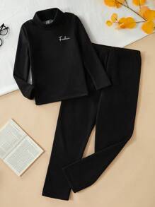 SHEIN Set de 2 piezas de ropa interior térmica con estampado de letra inglesa para adolescentes varones, compuesto por sudadera y pantalones de color negro liso - Negro - Ver 3