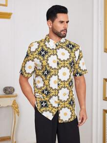 Manfinity Homme Men's Casual Vintage All-Over Print Short Sleeve Shirt - Apricot - View 4