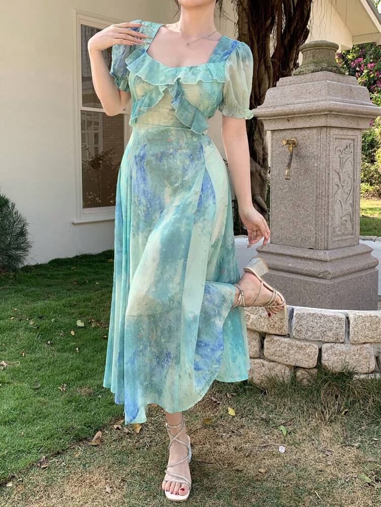Women's Floral Print Square Collar Ruffle Hem Mid-Length Dress Vacation Outfits Women Easter Boho