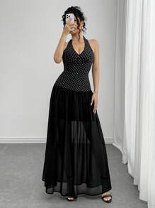 SHEIN Unity Sexy Backless Tied Neck Deep V Neck Slim Waist Dress, Stylish & Chic - Black - View 3