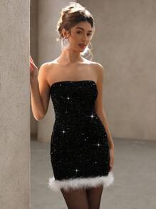 Aveloria Rosie 派对闪亮性感拼布荷叶边领腰部束腰连衣裙，优雅适合情人节、春季/新年派对 - 黑與白 - 查看 5