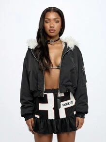 SUMWON WOMEN Winter Snow Fur Hood Bomber Flight Jacket Streetwear Padded Oversized Outerwear Warm Style Retro Y2K Crop Top Urban Aesthetic Casual