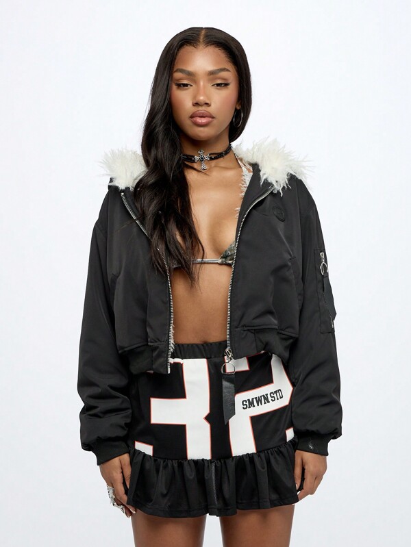 SUMWON WOMEN Jachetă de iarnă cu glugă din blană de zăpadă, Bomber, jachetă de zbor, streetwear, căptușită, supradimensionată, îmbrăcăminte exterioară, stil cald, retro Y2K, top scurt, estetic urban, casual