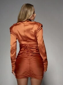 MISSGUIDED Satin High Neck Long Sleeves Gathered Ruched Bodycon Mini Dress - Brown - View 2