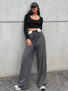 EURMUSE Women's Patchwork Elastic Waist Drawstring Cargo Pocket Casual Sports Sweatpants