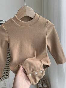 SHEIN LMoss Kids LMoss 3pcs/Set Newborn Baby Boy/Girl Adorable Knitted Striped Elastic Mock Neck Snap Crotch Bodysuit Set, Suitable For Autumn & Winter Indoor Layering - Multicolor - View 6