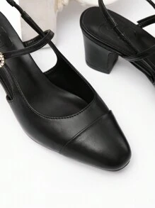 CUCCOO CHICEST 女士简约交叉带玛丽珍设计方头优雅纯色方跟舒适甜美可爱黑色 PU 皮革女士高跟鞋适合约会、通勤、下午茶