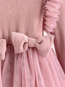 Cozy Pixies Baby Girl Soft Knitted Round Neck Long Sleeve Tulle Waist Dress - Dusty Pink - View 3