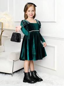 SHEIN Young Girl Ribbed Square Neck Beaded Gigot Sleeve Fitted Dress For Kid Christmas - Green - View 4