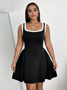 Flirla Plus Size Black Colorblock Square Neck A-Line Dress, Minimalist French Style For Summer - Black - View 6