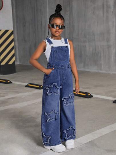 SHEIN Tween Girls' Y2K Casual Stonewashed Frayed Star Pattern Denim Overalls Jumpsuit Without Vest,Tween Girl Back To School Clothes Outfits