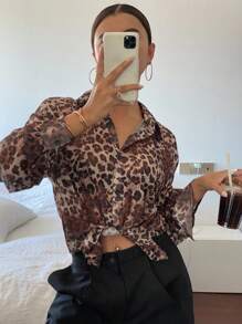 DAZY Oversize Leopard Print Long Sleeve Blouse For Women, Spring/Summer Cheetah Print,Fall Clothes - Brown - View 3