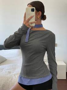 DAZY Camisa de mujer de manga larga con hombros descubiertos, cuello de corbata y diseño de patchwork a cuadros
