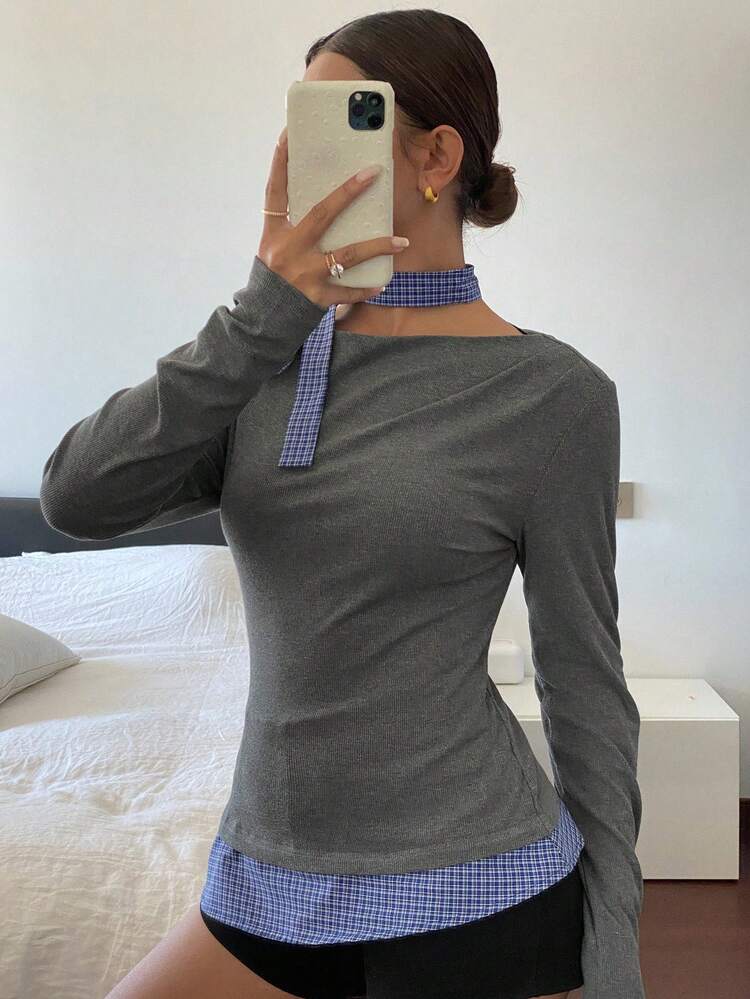 Patchwork Plaid Tie Neck Off Shoulder Long Sleeve Women T-Shirt,Fall Clothes