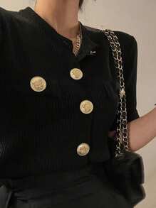 DAZY Women Short Sleeve Knit Top, Black, Spring/Summer SpringStyle - Black - View 7