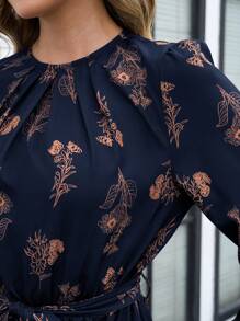 SHEIN Clasi Vestido casual de mujer de manga larga y cuello redondo con estampado total, versátil para otoño/invierno