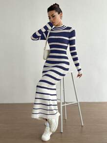 Flirla Casual Versatile Color Block Striped Long Sweater Dress