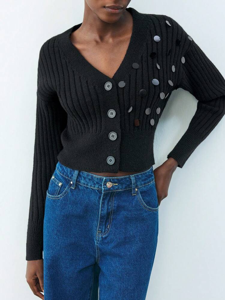 SHEIN Maija Women Front Button Long Sleeve Minimalist Sequin Decor Blouse, Casual Daily Wear Valentine's Day