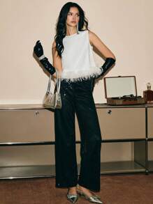 Poéselle 白色羽毛装饰下摆宽松无袖派对上衣，羽毛装饰上衣，节日派对女装，情人节上衣，新年上衣，女士上衣，外出上衣