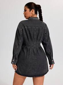 SHEIN ICON 大码休闲破洞褶饰前扣牛仔连衣裙 - 黑色 - 查看 2