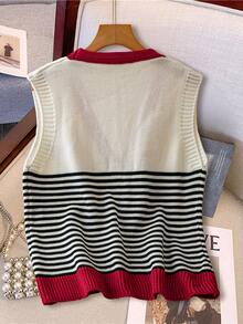 SHEIN LUNE 女式前扣无袖条纹简约休闲针织上衣