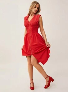 SHEIN Essnce 女士优雅纯色无袖中长连衣裙，腰部收褶