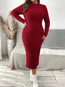 SHEIN VCAY Plus Size Solid Color Stand Collar Long Sleeve Slim Casual Dress