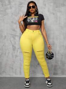 SHEIN SXY Plus Size Women Stretchy Yellow Distressed Skinny Jeans