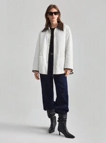 Ontre Women's Contrast Trim Long Sleeve Pocket Casual Winter Jacket, Minimalist Design