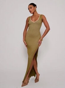 MUSERA Ribbed V Neck Maxi Dress Brunch Bodycon Fitted - Green - View 1